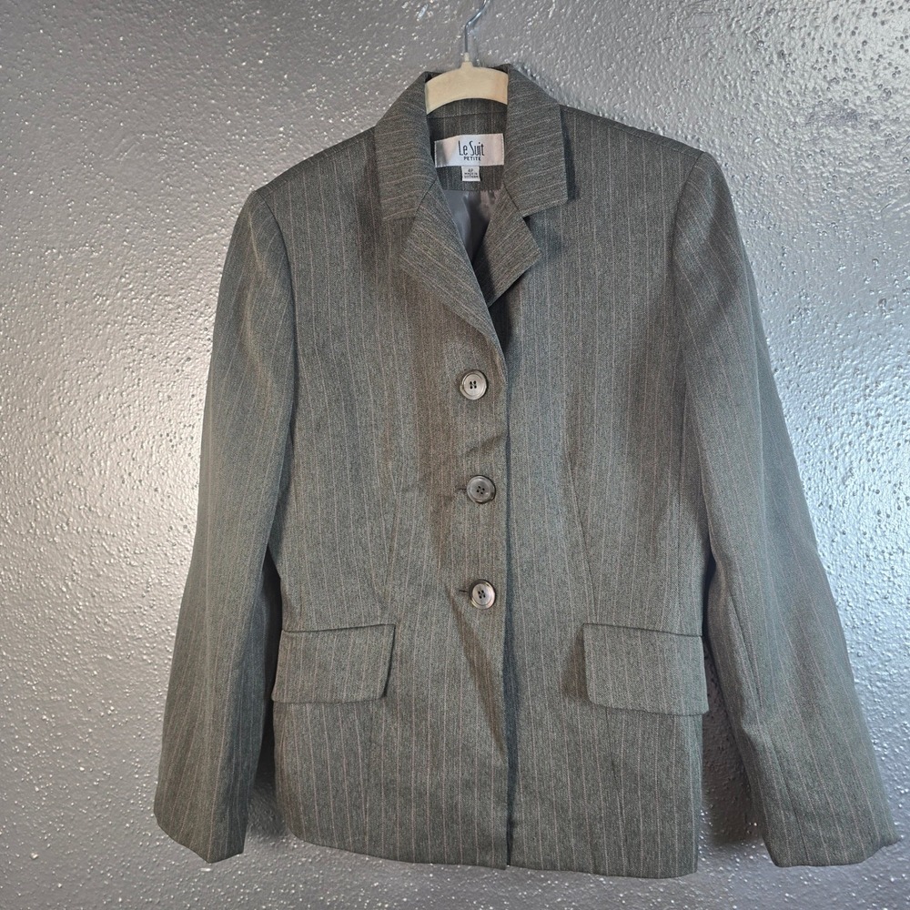 Le Suit Petite Womens Grey Herringbone Pinstripe 3 Button Blazer Jacket Size 4P